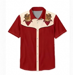 Red Western Shirt with Cowboy Cat Motif
