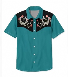 Teal Western Shirt with Horseshoe and Rose Motifs