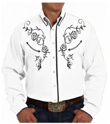 White Western Shirt with Black Rose Vine Accents