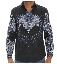 Black Western Shirt with Blue Arrow and Paisley Motifs