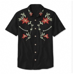 Black Western Shirt with Red Floral and Green Vine Motifs
