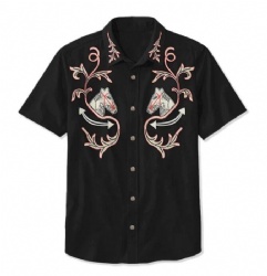 Black Western Shirt with Horse and Vine Motifs