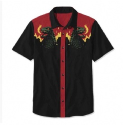 Black Western Shirt with Red Flame Godzilla Heads