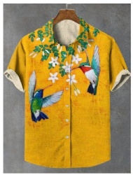 Yellow Hummingbird Floral Linen Western Shirt