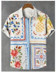 Pineapple Rose Patchwork Western Shirt Blue Red Yellow Linen Blend