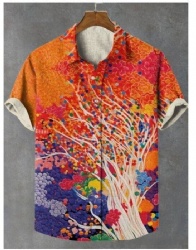 Vibrant Tree Western Shirt in Orange and Red Hues