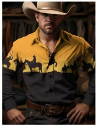 Western Shirt with Silhouette Riders in Yellow and Black