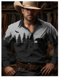 Grey and Black Western Shirt with Forest and Bear