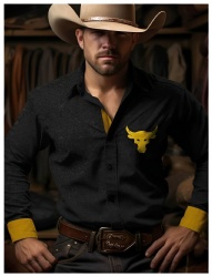 Black Western Shirt with Yellow Bull Emblem