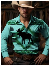 Turquoise Western Shirt with Moose and Pine Trees