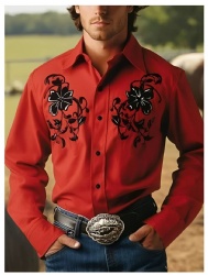 Red Western Shirt with Black Floral Accents