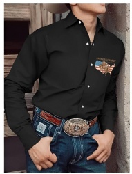 Black Western Shirt with American Flag Cowboy Map