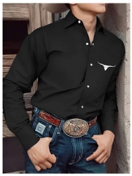 Black Western Shirt with White Bull Skull Motif