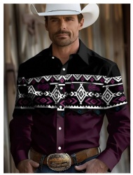 Western Shirt Black with Geometric Purple and White Print