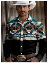 Teal and Orange Geometric Pattern Western Shirt