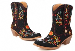 Black Western Boot with Floral Stitching
