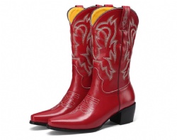 Fiery Red Western Boot with Silver Stitching Accents