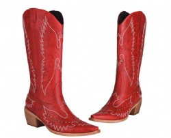 Fiery Red Western Boot with Scroll Stitching and Stud Accents