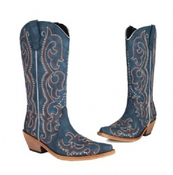 Deep Blue Western Boot with Swirl Stitching