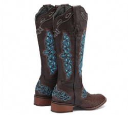 Blue Floral Patterned Brown Western Boot