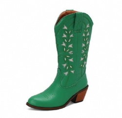 Green Western Boot with White Flower Motifs