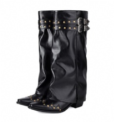 Black Studded Western Boot With Buckle Accents