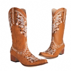 Golden Tan Western Boot with Floral Embellishments